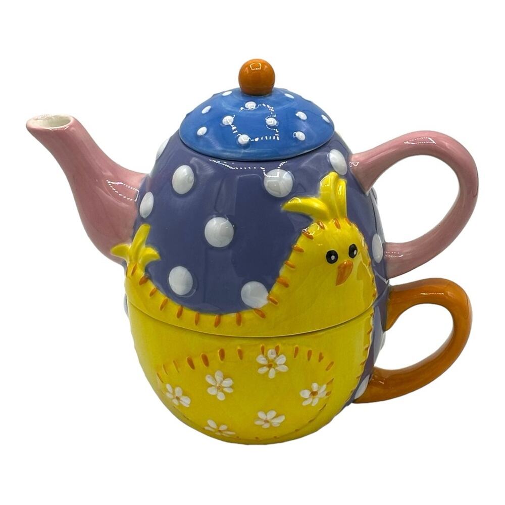 Teapot For One Yellow Chick Blue Polka Dot Tea Party Cup Mug  Vintage